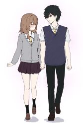 1boy 1girl ^_^ arms_at_sides black_hair black_pants black_socks blue_sweater_vest blush brown_footwear brown_hair brown_skirt cardigan clenched_hand closed_eyes closed_mouth collared_shirt couple eyelashes facing_another full_body grey_cardigan hair_between_eyes happy hetero highres holding_hands interlocked_fingers loafers long_hair long_sleeves mikuni_sairi miniskirt necktie pants pleated_skirt profile school_uniform shirt shoes short_hair short_sleeves simple_background skirt smile socks spiked_hair standing sweater_vest tanikaze_riku tenshi_souzou_re-boot! tft_(tft7822) thick_eyebrows tsurime white_background white_shirt yellow_necktie