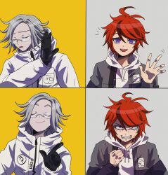 Rule 34 | 2boys, absurdres, ahoge, anger vein, aotsuki eito, black gloves, blue eyes, clenched hand, clenched teeth, closed eyes, crying, crying with eyes open, drakeposting (meme), drawstring, glasses, gloves, grey hair, grey jacket, highres, hood, hooded jacket, hoodie, jacket, kawati, male focus, meme, multicolored hair, multiple boys, notice lines, parted lips, red hair, short hair, smile, streaked hair, sumino takumi, sweat, tears, teeth, the hundred line -last defense academy-, waving, white hoodie