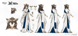 1girl ahoge ambience_synesthesia arknights artist_name bracelet brown_hair chinese_commentary commentary_request concept_art copyright_name flower from_behind green_eyes hair_flower hair_ornament high_heels highres jewelry jiuri_jiuhao looking_at_viewer medium_hair multicolored_robe multiple_views necklace official_art owl_ears owl_girl purple_robe reference_sheet robe sidelocks silence_(arknights) silence_the_paradigmatic_(arknights) white_flower white_robe