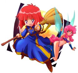 1girl bikini breasts broom cotton_(character) cotton_(game) dress fairy long_hair medium_breasts pink_hair red_hair sakurajyousui_nami short_hair silk_(cotton) swimsuit wings witch