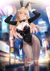 1girl animal_ears black_jacket black_leotard blonde_hair blush bow bowtie breasts brown_pantyhose cleavage coattails covered_navel detached_collar earrings fake_animal_ears fishnet_pantyhose fishnets grin hands_up high_heels highleg highleg_leotard highres jacket jewelry kitagawa_marin large_breasts leotard long_hair long_sleeves looking_at_viewer pantyhose playboy_bunny rabbit_ears rabbit_pose red_eyes smile solo sono_bisque_doll_wa_koi_wo_suru thighs wrist_cuffs zaregoto_tsukai_no_deshi