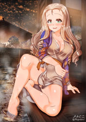 1girl ass barefoot blonde_hair blush breasts cleavage cloud cloudy_sky collarbone covered_navel drill_hair feet girls_und_panzer green_eyes highres japanese_clothes kimono large_breasts long_hair looking_at_viewer marie_(girls_und_panzer) megadeko no_bra no_panties onsen open_mouth partially_submerged sitting sky smile soaking soaking_feet solo steam sweat water wavy_mouth