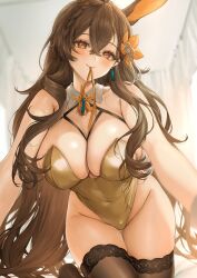 Rule 34 | 1girl, all fours, animal ears, azur lane, bare shoulders, black thighhighs, breasts, brown hair, chikuma (azur lane), chikuma (premium prize on the table) (azur lane), cleavage, closed mouth, covered navel, detached collar, hair between eyes, highres, large breasts, leotard, mouth hold, official alternate costume, playboy bunny, rabbit ears, rabbit girl, smile, thighhighs, yellow leotard, ygcn