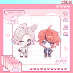 2boys 719552599 :d :o absurdres ahoge animal_ears aotsuki_eito black_gloves black_shoes blue_jacket dog_boy dog_ears dog_tail glasses gloves grey_hair highres hood hoodie jacket looking_at_viewer male_focus multicolored_hair multiple_boys one_eye_closed open_mouth pants purple_eyes rabbit_boy rabbit_ears red_hair shoes short_hair smile streaked_hair sumino_takumi tail the_hundred_line_-last_defense_academy- white_hoodie white_jacket white_pants white_shoes window_(computing)