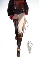 Rule 34 | 1girl, absurdres, animal, asymmetrical footwear, asymmetrical legwear, azur lane, belt, black shorts, boots, brown hair, cat, corset, cross-laced clothes, gloves, gradient background, half gloves, hatski.sin, head out of frame, highres, jean bart (azur lane), knee boots, lace-up boots, long hair, long sleeves, lower body, midriff, mismatched footwear, puffy long sleeves, puffy sleeves, red gloves, short shorts, shorts, simple background, single thighhigh, solo, standing, striped clothes, striped thighhighs, thighhighs, thighs, vertical-striped clothes, vertical-striped thighhighs, very long hair, white background