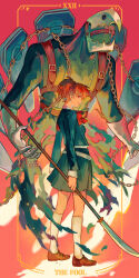 1girl black_jacket black_skirt bow bowtie brown_hair brown_shoes card_(medium) chain commentary english_commentary from_side gekkoukan_high_school_uniform gloves hair_ornament hairclip highres holding holding_polearm holding_weapon jacket kneehighs loafers looking_at_viewer naginata persona persona_(summon) persona_3 persona_3_portable polearm red_background red_bow red_eyes say0ran school_uniform shiomi_kotone shirt shoes short_hair skirt smile socks solo tarot tarot_(medium) thanatos_(persona) weapon white_gloves white_socks