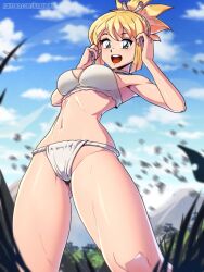 1girl artist_name blonde_hair blue_sky bra breasts commentary cowboy_shot day dr._stone fundoshi gluteal_fold green_eyes hands_up highres japanese_clothes kagato007 kohaku_(dr._stone) medium_breasts navel open_mouth outdoors patreon_username sky smile solo standing stomach teeth underwear underwear_only upper_teeth_only watermark web_address white_bra