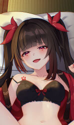 1girl bare_shoulders black_bra black_hair blunt_bangs blush bra breasts commentary_request ewaaawa flower_tattoo futon head_on_pillow highres honkai:_star_rail honkai_(series) looking_at_viewer medium_breasts mole mole_under_each_eye mole_under_eye multiple_moles navel off_shoulder open_mouth paid_reward_available pillow red_eyes smile solo sparkle_(honkai:_star_rail) stomach tatami tattoo twintails underwear