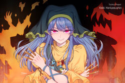 1girl blue_hair character_name commentary copyright_name dress english_commentary fire flower green_headscarf green_headwear grin haniyasushin_keiki headscarf highres holding_tool jewelry jyan_(jyan0209) long_hair looking_at_viewer magatama magatama_necklace necklace pink_eyes short_sleeves smile solo tools touhou yellow_dress