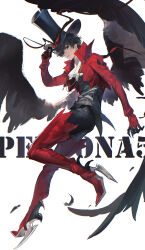 1boy absurdres amamiya_ren arsene_(persona_5) arsene_(persona_5)_(cosplay) black_hair black_hat black_pants black_wings boots copyright_name cosplay doran_(doran7280) grin hat highres jacket joker_(persona_5) looking_at_viewer male_focus pants persona persona_5 red_boots red_jacket short_hair smile solo teeth thigh_boots wings