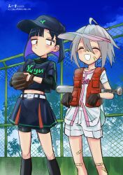 Rule 34 | 2girls, bandaid, bandaid on cheek, bandaid on face, bandaid on knee, bandaid on leg, bandaid on nose, baseball bat, baseball cap, baseball field, baseball glove, baseball jersey, baseball uniform, belt, bike shorts, black hair, blush, colored inner hair, do it yourself!!, eisu (eith), fang, grey hair, hair between eyes, hat, highres, holding, holding baseball bat, jersey, messy hair, midriff, multicolored hair, multiple girls, navel, short hair, shorts, skin fang, sportswear, suride miku, white mouth, yua serufu