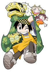 animal_costume animal_ear_fluff animal_ear_hood animal_ears apron black_hair black_outline black_tail blue_collar blue_trim blush_stickers brown_footwear brown_pantyhose brown_shorts bun_cover closed_eyes closed_mouth coco_(toranoana) collar collared_shirt colored_inner_hair colored_sclera contrast_collar cub double_bun dragon dragon_costume eastern_dragon employee_uniform fake_animal_ears full_body green_sclera grey_sleeves hair_between_eyes hair_bun headscarf hood horizontal-striped_clothes horizontal-striped_sleeves houndstooth kotora_(toranoana) layered_sleeves light_brown_hair long_sleeves looking_at_viewer mukku_(mook-tv) multicolored_hair nonbiri_kotora official_art open_mouth orange_apron orange_sleeve_cuffs orange_sleeves outline pantyhose parted_bangs puffy_short_sleeves puffy_sleeves second-party_source shirt short_hair short_over_long_sleeves short_sleeves shorts simple_background sleeve_cuffs straight_hair striped_clothes striped_fur striped_hood striped_sleeves striped_tail surprised tail tamako_(toranoana) teeth tenugui tiger tiger_ears tora_da_yo. torana toranoana turtleneck turtleneck_shirt very_short_hair white_background white_eyes white_shirt white_sleeves wide_sleeves wing_collar yellow_collar yellow_fur yellow_hood yellow_tail
