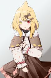 Rule 34 | 1girl, animal print, bilibili 7484710, blonde hair, blush, bow, bracelet, chinese commentary, collar, commentary request, cowboy shot, dot nose, dress, facing viewer, fish print, fur trim, grey background, hair between eyes, hair bow, heterochromia, highres, indie virtual youtuber, jewelry, kaofish, long bangs, long sleeves, looking down, metal collar, open mouth, pleated skirt, red eyes, shadow, shawl, sidelighting, sidelocks, simple background, skirt, sleeves past wrists, solo, standing, virtual youtuber, yellow eyes
