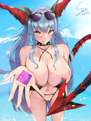 1girl absurdres azur_lane black_slingshot_swimsuit breasts choker condom condom_wrapper dated dragon_girl dragon_horns dragon_tail eyewear_on_head highres holding holding_condom horns large_breasts long_hair looking_at_viewer mechanical_horns mechanical_tail navel nipple_slip nipples official_alternate_costume regensburg_(azur_lane) regensburg_(dark_dragon_brilliant_beach)_(azur_lane) semi-circular_eyewear senki_morimoto signature slingshot_swimsuit solo spiked_choker spikes swimsuit tail very_long_hair water yellow_eyes