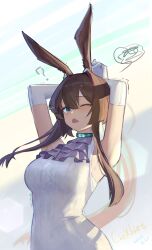 Rule 34 | 1girl, ?, absurdres, amiya (arknights), animal ear fluff, animal ears, arknights, armpit peek, arms behind head, arms up, artist name, ascot, blue eyes, blush, breasts, brown hair, casual, chinese commentary, choker, ciexbiet, commentary request, covered navel, dated, double-parted bangs, elbow gloves, floating hair, gloves, hair between eyes, highres, large breasts, long bangs, looking at viewer, motion lines, one eye closed, open mouth, purple ascot, rabbit ears, ribbed sweater, short hair with long locks, sleeveless, sleeveless sweater, solo, spoken squiggle, squiggle, stretching, sweater, upper body, wavy hair, white gloves, white sweater