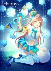 1girl animal animal_on_shoulder bare_shoulders bird bird_on_shoulder blue_background blue_bow blue_bowtie blue_crown blue_ribbon blue_shoes blue_skirt blunt_bangs bow bowtie brown_hair character_name cleavage_cutout clothing_cutout confeitoo crown detached_sleeves duck english_text eyelashes frilled_headwear frilled_skirt frilled_sleeves frilled_thigh_strap frills full_body hair_bun happy happy_birthday hat hat_bow hat_ornament high_heels highres idol light_blush long_hair looking_ahead love_live! love_live!_school_idol_project minami_kotori mini_crown miniskirt mismatched_thighhighs navel one_side_up open_mouth orange_eyes pleated_skirt pumps ribbon ribbon-trimmed_thighhighs ribbon_legwear ribbon_trim shirt shoes short_sleeves single_side_bun skirt sleeve_bow sleeveless sleeveless_shirt smile snowflake_hat_ornament snowflakes snowing snowman solo stomach_cutout striped_bow striped_bowtie striped_clothes striped_thighhighs thigh_strap thighhighs vertical-striped_clothes vertical-striped_thighhighs very_long_hair white_shirt white_thighhighs yellow_bow yellow_sleeves