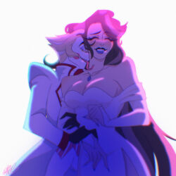 Rule 34 | 1boy, 1girl, bare shoulders, blonde hair, blush, breasts, brown hair, cleavage, collarbone, couple, demon boy, dress, eve (hazbin hotel), formal clothes, hair slicked back, hazbin hotel, hetero, highres, jewelry, kazimir29, large breasts, licking, licking another&#039;s neck, long hair, long sleeves, lucifer morningstar (hazbin hotel), multicolored hair, neck, necklace, nose blush, off-shoulder dress, off shoulder, snake tongue, standing, streaked hair, suit, tongue, tongue out, white dress, white hair, white suit