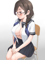 1girl black_sailor_collar black_skirt blush braid braided_ponytail breasts brown-framed_eyewear brown_hair chair commentary_request glasses gradient_background grey_background highres jimiko large_breasts meow_(nekodenki) on_chair open_clothes open_mouth open_shirt original pleated_skirt sailor_collar school_uniform serafuku shirt sitting skirt solo white_shirt