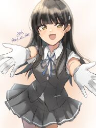 1girl black_hair blue_ribbon brown_eyes collared_shirt cowboy_shot dress_shirt gloves grey_skirt grey_vest hayashio_(kancolle) highres incoming_hug kantai_collection looking_at_viewer neck_ribbon one-hour_drawing_challenge open_mouth pleated_skirt reaching reaching_towards_viewer ribbon school_uniform shirt skirt smile solo swept_bangs vest white_gloves white_shirt wiwo