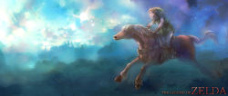 1boy bad_id bad_pixiv_id blonde_hair blue_eyes copyright_name epona fairy hat horse link navi nintendo pointy_ears s1minami straddling the_legend_of_zelda