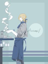 Rule 34 | 1boy, apron, axis powers hetalia, beard, blonde hair, cooking, facial hair, france (hetalia), hair ribbon, indoors, male focus, ponytail, ribbon, solo