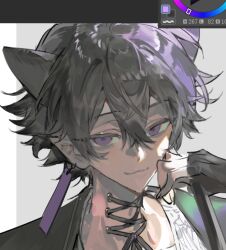 1boy :3 animal_ears cat_ears choker hair_between_eyes jewelry looking_at_viewer male_focus neck_ribbon original pointy_ears portrait purple_eyes purple_hair qyzhiaiyisheng ribbon short_hair smile solo