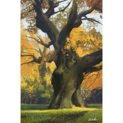 autumn autumn_leaves day eytan_zana forest giant_tree grass highres leaf nature no_humans original outdoors painting_(medium) scenery traditional_media tree