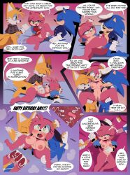 1girl 2boys absurdres amy_rose apinkgrape barefoot blue_eyes breast_press breasts comic costume cum cum_in_pussy cum_on_body deerstalker double_penetration double_vaginal dress ejaculation erection facial feather_boa fox_boy furry gloves green_eyes group_sex hairband happy_sex hat hedgehog_boy hedgehog_girl highres impregnation internal_cumshot jacket missionary multiple_boys multiple_vaginal nipples nude orgasm sex smile sonic_(series) sonic_the_hedgehog tails_(sonic) the_murder_of_sonic_the_hedgehog threesome vaginal