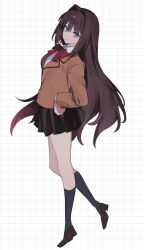 1girl aozaki_aoko black_skirt black_socks blue_eyes brown_hair brown_jacket hair_intakes highres jacket layered_clothes long_hair mahou_tsukai_no_yoru neck_ribbon private_misaki_high_school_uniform red_ribbon ribbon school_uniform skirt socks solo uxco0