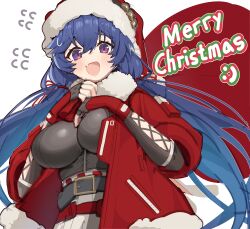 1girl :d absurdres alternate_costume bag belt black_belt blue_hair blush breasts commentary english_commentary fang fur-trimmed_headwear fur-trimmed_jacket fur_trim girls&#039;_frontline girls&#039;_frontline_2:_exilium hair_between_eyes hat highres holding holding_bag jacket large_breasts long_hair looking_at_viewer lotta_(girls&#039;_frontline_2) merry_christmas open_mouth patanda purple_eyes red_bag red_hat red_jacket santa_costume santa_hat simple_background smile solo sweatdrop upper_body white_background