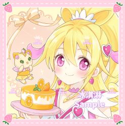 Rule 34 | 1girl, absurdres, aida mana, animal, artist request, blonde hair, border, bow, brooch, cake, cat, cheesecake, chinese commentary, choker, closed mouth, clothed animal, collarbone, commentary request, commission, cure heart, dokidoki! precure, dot nose, dotted line, dress, earrings, eyelashes, feather-trimmed dress, food, fruit, hair between eyes, hair ornament, hair ribbon, hair rings, hair tie, happy, heart, heart-shaped hair, heart background, heart brooch, heart earrings, heart hair ornament, high ponytail, highres, holding, holding plate, jewelry, lace, lace choker, leaf, light blush, long hair, looking at viewer, magical girl, orange (fruit), orange slice, pink border, pink choker, pink dress, pink eyes, pink ribbon, plate, ponytail, precure, ribbon, sample watermark, second-party source, sleeveless, sleeveless dress, smile, solo, strawberry, tareme, upper body, very long hair, watermark, watermark grid, yellow background, yellow bow