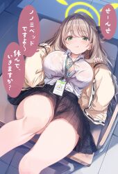 1girl blue_archive blush breasts brown_hair commentary_request cutlass_(classic_chocolate) desk green_eyes green_halo hair_intakes halo highres indoors jacket lanyard large_breasts long_hair long_sleeves looking_at_viewer lying miniskirt nonomi_(blue_archive) on_back on_desk open_clothes open_jacket pleated_skirt puffy_long_sleeves puffy_sleeves school_desk school_uniform shirt sitting skirt smile solo speech_bubble thighs translation_request white_shirt yellow_jacket