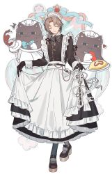 1boy absurdres ahoge apron aqua_hair belt black_bow black_bowtie black_dress black_gloves black_pantyhose black_shoes bow bowtie braid brown_hair closed_eyes closed_mouth collared_dress crossdressing curtained_hair dress ear_piercing earrings flower_hairtie frilled_apron frilled_dress frills fuchio full_body gloves hair_over_shoulder highres jewelry kanae_(20th_costume)_(nijisanji) kanae_(nijisanji) lifting_own_clothes light_smile long_sleeves maid maid_apron maid_headdress male_focus male_maid medium_hair multicolored_hair necklace nijisanji official_alternate_costume pantyhose piercing platform_shoes roto_(kanae) shoes single_braid sleeve_cuffs solo standing streaked_hair stuffed_animal stuffed_cat stuffed_toy two-tone_hair virtual_youtuber white_apron white_sleeve_cuffs
