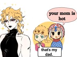 3boys argyle_clothes argyle_sweater birthmark blonde_hair braid commentary dio_brando ear_birthmark earrings english_commentary english_text giorno_giovanna green_eyes guido_mista hat highres jewelry joestar_birthmark jojo_no_kimyou_na_bouken lipstick long_hair makeup meme multiple_boys open_mouth school_uniform smile speech_bubble stardust_crusaders sweater vampire vento_aureo