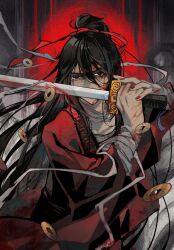 Rule 34 | 1boy, bags under eyes, bandaged arm, bandaged chest, bandaged neck, bandages, black eyes, black hair, blood, blood on arm, blood on chest, blood on face, blood on hands, blood on neck, blood splatter, bloody bandages, bloody weapon, chinese clothes, chinese commentary, coat, coin, dao gui yi xian, fighting stance, floating clothes, floating hair, hair between eyes, hair ribbon, half updo, hanfu, highres, holding, holding sword, holding weapon, holed coin, injury, li huowang, long hair, long sleeves, looking at viewer, male focus, nail polish, ponytail, red coat, red nails, red pupils, red ribbon, ribbon, solo, sword, sword tassel, tassel, weapon, wide sleeves, yizhijingyedezhizhu