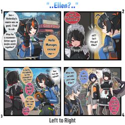 Rule 34 | 1boy, 3girls, belle (zenless zone zero), black hair, blue eyes, blue hair, blue jacket, ellen joe, english text, fins, fish tail, grey hair, highres, jacket, jealous, kulojawa, left-to-right manga, maid, maid headdress, multicolored hair, multiple girls, necktie, pantyhose, police, police badge, police uniform, policewoman, red eyes, red hair, shark girl, shark tail, single thighhigh, skirt, speech bubble, tail, thighhighs, thighs, wise (zenless zone zero), zenless zone zero, zhu yuan