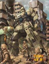 4boys ammunition_box artist_request assault_rifle bulletproof_vest cable cloud cloudy_sky combat_helmet copyright_notice damaged dirty earth_federation gun gundam gundam_08th_ms_team gundam_cross_war gundam_ez8 helmet logo machine_gun machinery mecha military_uniform mobile_suit multiple_boys official_art painting_(medium) realistic reloading rifle robot ruins scan science_fiction shield sky smoke soldier title traditional_media weapon window wreckage zaku_ii zeon