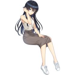 Rule 34 | 1girl, adjusting hair, black hair, blue eyes, breasts, closed mouth, dolphin wave, game cg, hagane otsuki, hand on lap, high-waist skirt, highres, long hair, looking at viewer, non-web source, official art, ootomo takuji, pencil skirt, shoes, sitting, skirt, small breasts, smile, sneakers, solo, transparent background, white sneakers