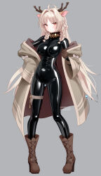 absurdres ahoge animal_ears antlers black_corset blonde_hair blush bodysuit boots braided_sidelocks breasts coat collar corset deer_antlers deer_ears full_body grey_background highres horns impossible_bodysuit impossible_clothes large_breasts latex latex_bodysuit long_hair looking_at_viewer louise_marie maguro27 princess_connect! red_eyes skin_tight smile solo standing thigh_strap very_long_hair