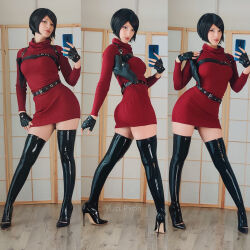 Rule 34 | 1girl, ada wong, ada wong (cosplay), black hair, cosplay, highres, legs, long legs, multiple views, pervert, presenting, prostitution, real life, resident evil, selfie, sexually suggestive, short hair, solo focus, yuzu pyon
