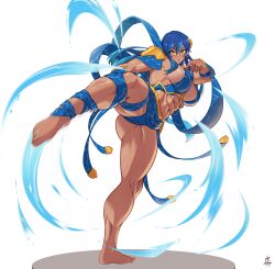 1girl 2024 absurdres arm_guards armor artist_logo ass bikini blue_hair blue_ribbon blue_skirt brown_eyes commentary dark-skinned_female dark_skin english_commentary feet female_focus foreshortening gluteal_fold gold_trim gradient_hair headpiece highres kicking leg_up logo long_hair looking_at_viewer motion_blur motion_lines multicolored_hair muscular_legs okasbasement open_hand open_mouth paludron panties pantyshot ribbon ribbon-trimmed_legwear ribbon_trim shoulder_armor skirt soles solo standing standing_on_one_leg swimsuit thick_thighs thighs toes underwear water