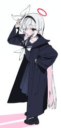 1girl bad_id bad_pixiv_id black_coat black_eyes black_hairband black_serafuku black_shirt black_skirt blue_archive blush bow coat colored_inner_hair commentary_request dorontabi from_side full_body hair_bow hair_over_one_eye hairband halo hand_on_own_hip highres loafers long_hair long_sleeves looking_at_viewer looking_to_the_side multicolored_hair neckerchief open_clothes open_coat pink_hair plana_(blue_archive) pleated_skirt red_pupils salute school_uniform serafuku shirt shoes skirt solo standing very_long_hair white_bow white_hair white_neckerchief
