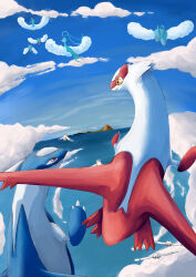 altaria antennae bird claws closed_mouth cloud flying gen_3_pokemon latias latios legendary_pokemon lustanjo nintendo pelipper pokemon pokemon_(creature) red_eyes sky smile swablu wings wingull yellow_eyes