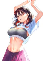1girl arms_up black_hair breasts cleavage colored_inner_hair cover_image cowboy_shot grey_sports_bra hashtag-only_commentary highres medium_breasts midriff multicolored_hair navel orange_hair parted_lips red_hair red_shorts sawaranaide_kotesashi-kun shinjou_takuya shirt short_sleeves shorts simple_background smile solo sports_bra stomach stomach_day sweat white_background white_shirt