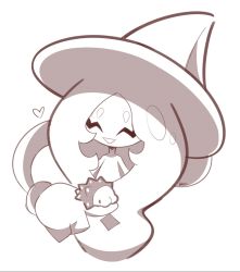:d ^_^ artsy-rc closed_eyes gen_8_pokemon greyscale hatterene heart highres monochrome nintendo open_mouth pokemon pokemon_(creature) signature simple_background smile snom white_background