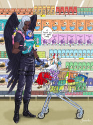 2boys 2girls aged_down alternate_hair_length alternate_hairstyle aqua_hair artist_name asymmetrical_hair baby babysitter belt bird_wings black_gloves black_pants black_shirt black_wings blue_hair boots bracelet braid brother_and_sister carrying child contemporary curled_horns dark-skinned_male dark_skin english_text expressionless feathered_wings full_body geta gloves grey_hair hair_ornament hair_slicked_back hair_stick hakama hakama_skirt half-closed_eyes hat height_difference high_ponytail highres holding horns indoors japanese_clothes jewelry joujou_(joudoodles) king_(one_piece) leather leather_boots leather_pants long_hair long_sleeves looking_at_another looking_at_object looking_at_viewer market mask medium_hair mouth_mask multicolored_hair multicolored_horns multiple_boys multiple_girls muscular one_piece open_clothes open_shirt orange_horns page_one_(one_piece) pants parody pink_hair pointing ponytail reading red_eyes red_horns rope serious shimenawa shiny_clothes shirt shopping shopping_cart short_sleeves siblings side_braid single_braid sitting size_difference skirt spiked_bracelet spikes spoilers standing thigh_strap two-tone_hair ulti_(one_piece) v-shaped_eyebrows white_hair wings yamato_(one_piece)