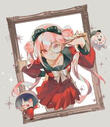 1girl 2boys black_bow black_hair black_hairband black_sailor_collar blush_stickers bow bow_hairband brother_and_sister chibi collarbone double_bun gakuran grey_background hair_bun hairband hashtag-only_commentary hat highres holding holding_magnifying_glass long_hair looking_through_magnifying_glass magnifying_glass multiple_boys one_eye_closed picture_frame pink_eyes pink_hair red_serafuku red_skirt sailor_collar school_uniform serafuku short_hair siblings sirei_(hundred_line) skirt ssbaby the_hundred_line_-last_defense_academy- thumbs_up tsukumo_ima tsukumo_kako twins twintails