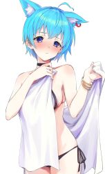 absurdres ahoge animal_ear_fluff animal_ear_piercing animal_ears bikini black_bikini blue_eyes blue_hair blush bracelet breasts dog_ears dog_girl embarrassed highres holding holding_towel jewelry large_breasts nanashi_inc. open_towel shirana_tamana side-tie_bikini_bottom sideboob souya_ichika swimsuit thighs towel towel_slip virtual_youtuber white_background