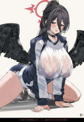 1girl black_hair black_wings blue_archive blue_jacket blue_shorts blush breasts choker club3 collarbone feathered_wings hair_between_eyes halo hasumi_(blue_archive) hasumi_(track)_(blue_archive) high_ponytail highres huge_breasts jacket long_hair long_sleeves looking_at_viewer low_wings mole mole_under_eye ponytail red_eyes shirt short_shorts shorts solo sweat thighs very_long_hair white_shirt wings