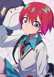 1girl :/ amate_yuzuriha aqua_eyes aqua_shirt aqua_skirt artist_name bag blue_eyes blue_shirt blue_skirt closed_mouth collared_shirt genderswap genderswap_(mtf) gradient_hair green_eyes grey_sweater gundam gundam_gquuuuuux hair_between_eyes kawasemi_(pocorit) long_sleeves looking_at_viewer multicolored_eyes multicolored_hair necktie pleated_skirt pokemon pokemon_(creature) red_hair red_necktie school_uniform shirt short_hair signature skirt solo striped_necktie sweater twitter_username wing_collar